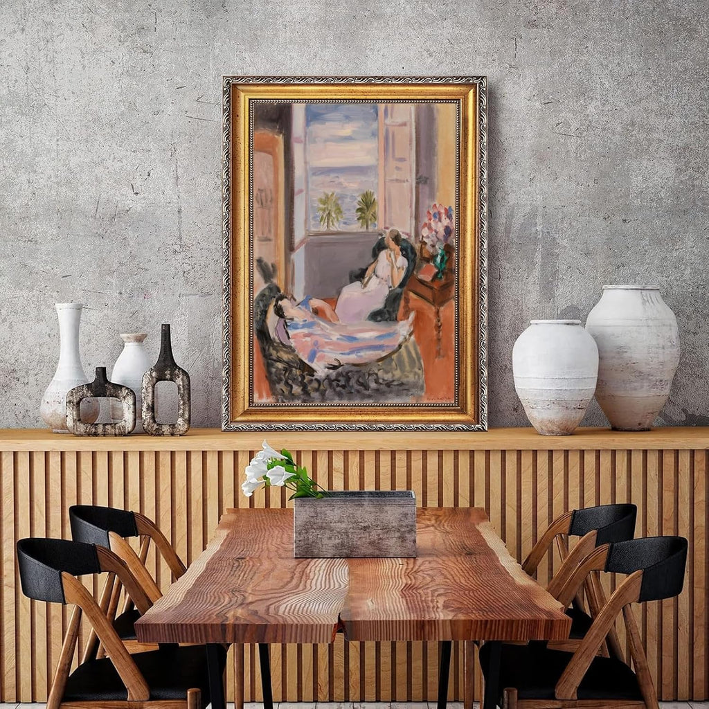 Large Framed Interior with Two Figures Open Window By Henri Matisse Canvas Wall Art Poster Oil Paintings Reproduction Classic Colorful European Artwork Prints for Bedromo Home Decor 24x36inch