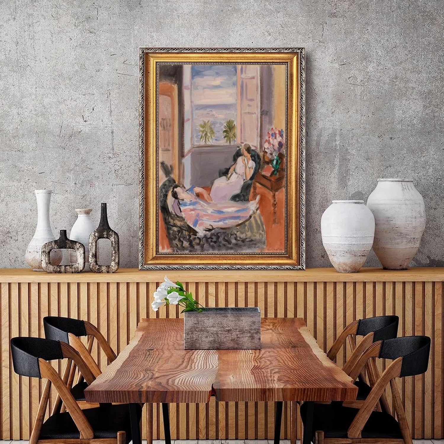 Large Framed Interior with Two Figures Open Window By Henri Matisse Canvas Wall Art Poster Oil Paintings Reproduction Classic Colorful European Artwork Prints for Bedromo Home Decor 24x36inch