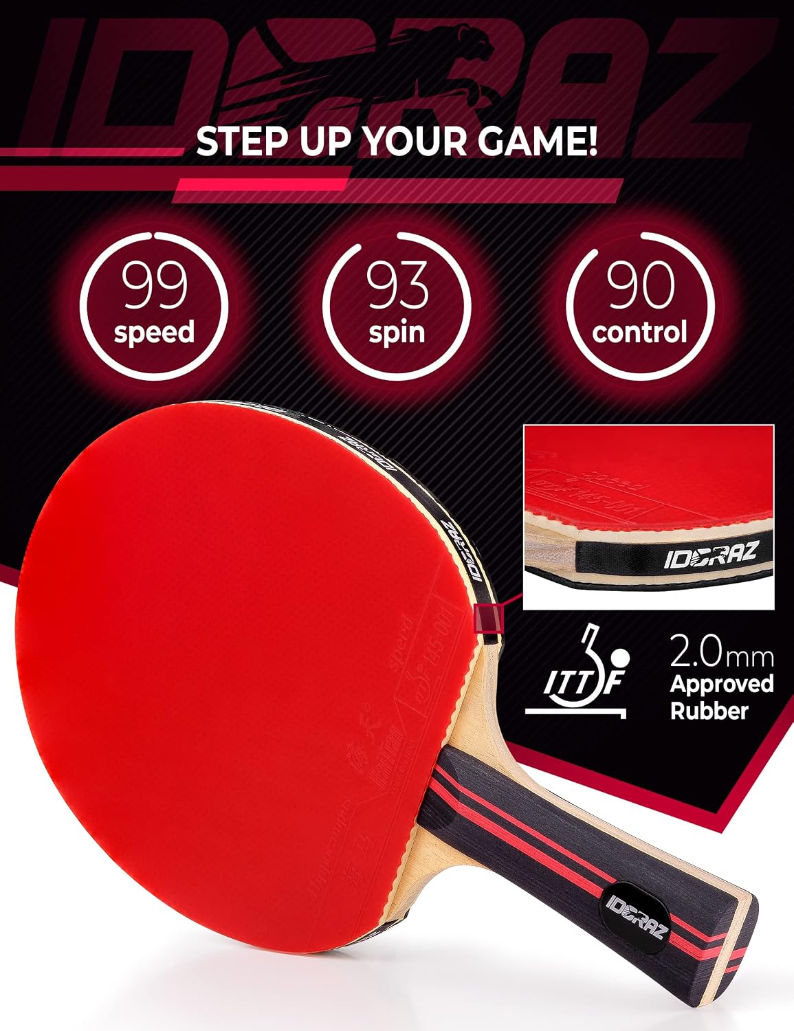 Professional Ping Pong Paddle with ITTF Rubber and Carrying Case | Table Tennis Racket with Speed 99, Spin 93, Control 90, Improves Accuracy and Consistency