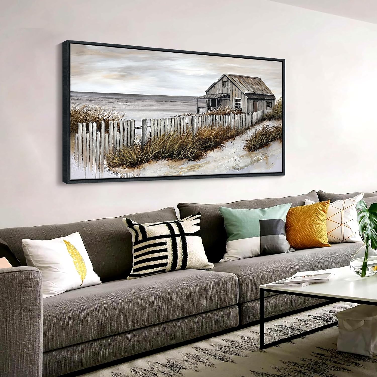 YDYSUNE Village Coastal Wall Art for Living Room - Retro Beach Fenced House Canvas Wall Decor for Home Artwork Painting Print for Bedroom Decoration Kitchen Office Hang a Picture Framed 24x48 Inches
