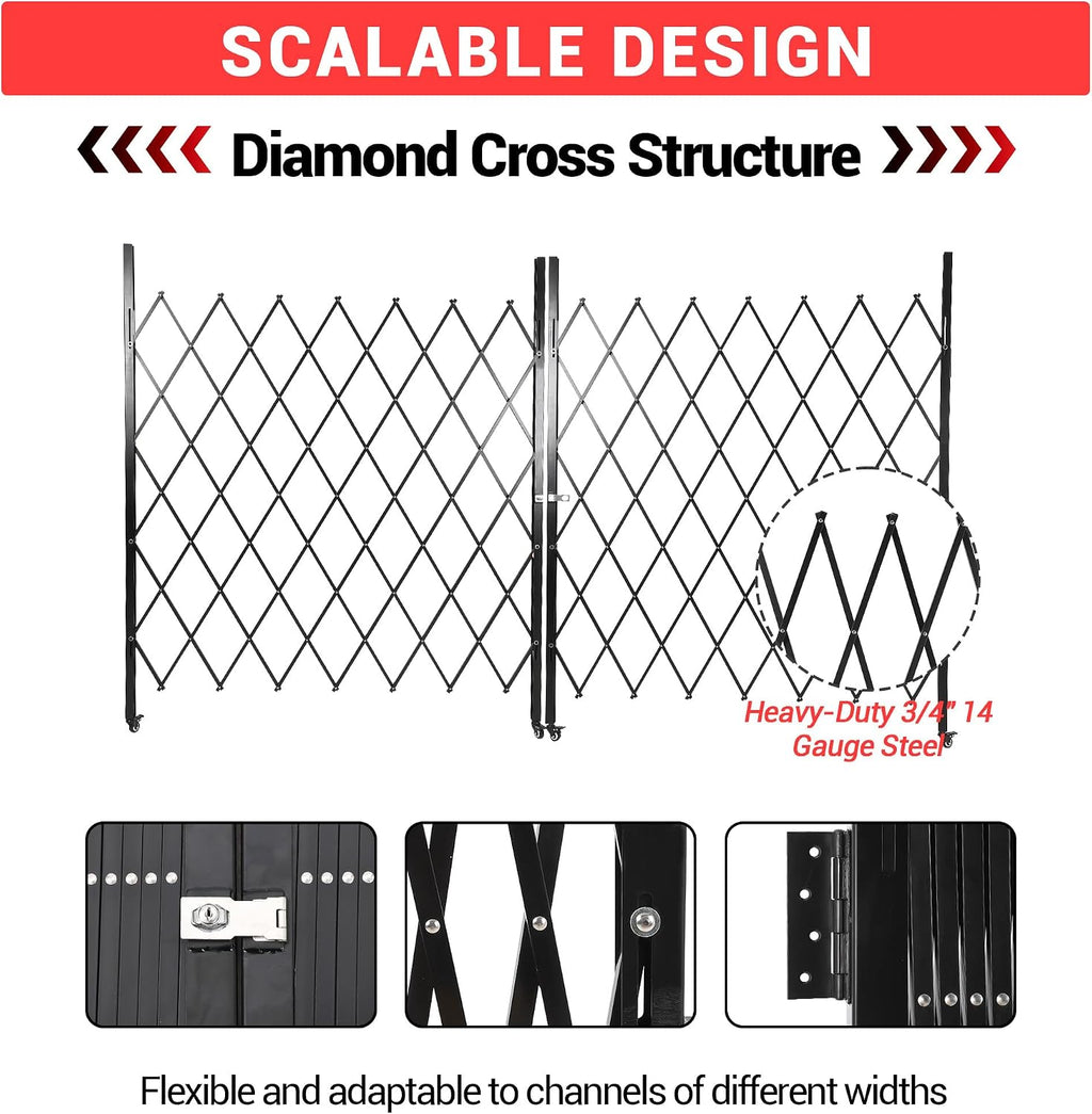 87' H x 150' W Folding Security Gate, Heavy Duty Steel Expandable Barrier Bi-fold Door with 360° Swivel Casters & Key Lock, Retractable Rolling Scissor Gate for Garage Driveway Warehouse, Black