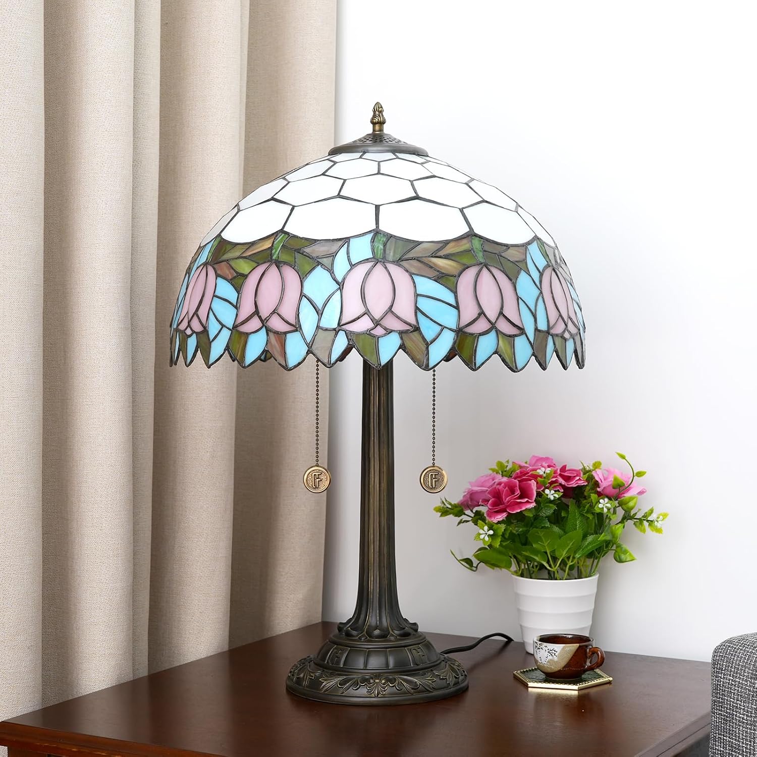 Tiffany Table Lamp 16 inch Pink Tulip Tiffany Style Stained Glass Lamp for Living Room Dining Room Antique Bedside Light Decor for Home Office