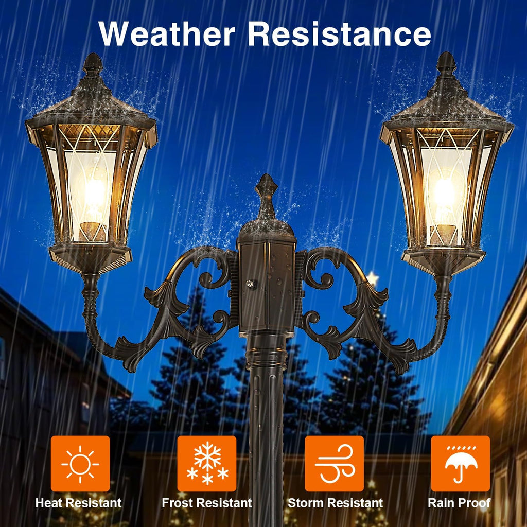 Dusk to Dawn Outdoor Lamp Post Lights with Outlet, Hardwired 2-Head Street Light Fixtures with Patterned Glass, Waterproof Outside Pole Lamps for Backyard, Garden, Driveway