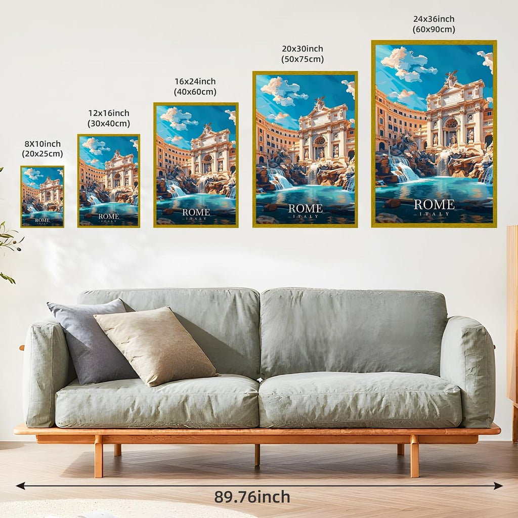Framed Rome Italy Vintage Travel Posters Trevi Fountain Wall Art Canvas Print Cityscape Painting Artwork European Architecture Picture Wall Decor for Living Room Bedroom Home Office 24x36inch