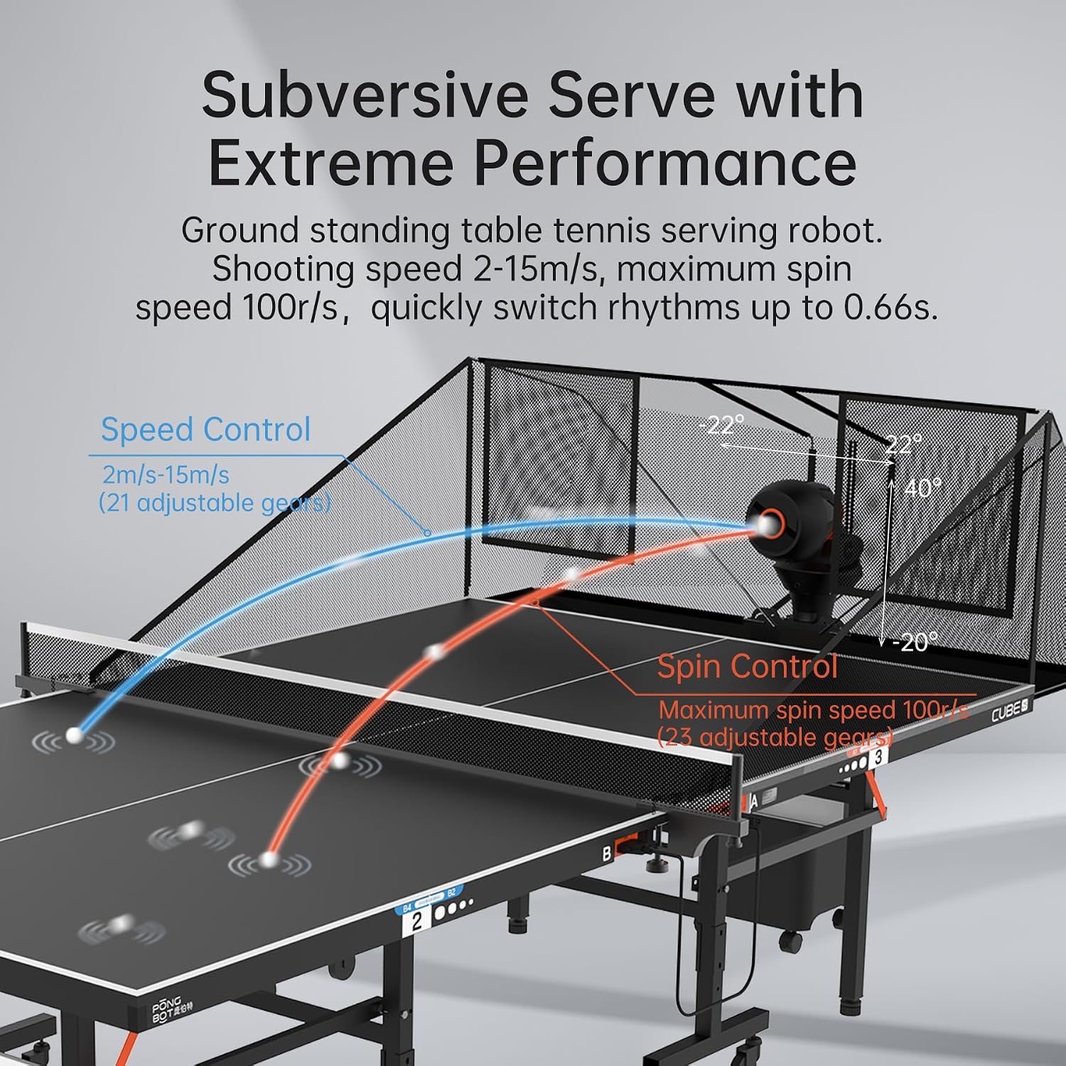 PONGBOT Table Tennis Robot with Net Ping Pong Ball Machine, Remote/APP Control, 576 Pre-saved Trajectories, Automatic Oscillation, Programmable Drills-Frequency/Ball Speed/Rotation/Landing/Hight