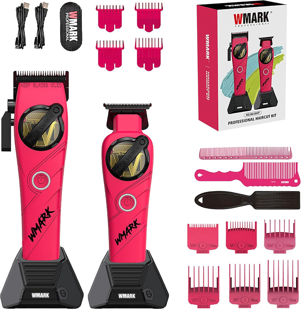 WMARK Professional 2-Piece Haircut Kit for Barber - High-Speed Clipper (7500/8500rpm) & Detail Trimmer (6500/7500rpm), Ceramic Blades, Rechargeable Lithium-Ion Batteries, NG-8613 KIT (Pink)