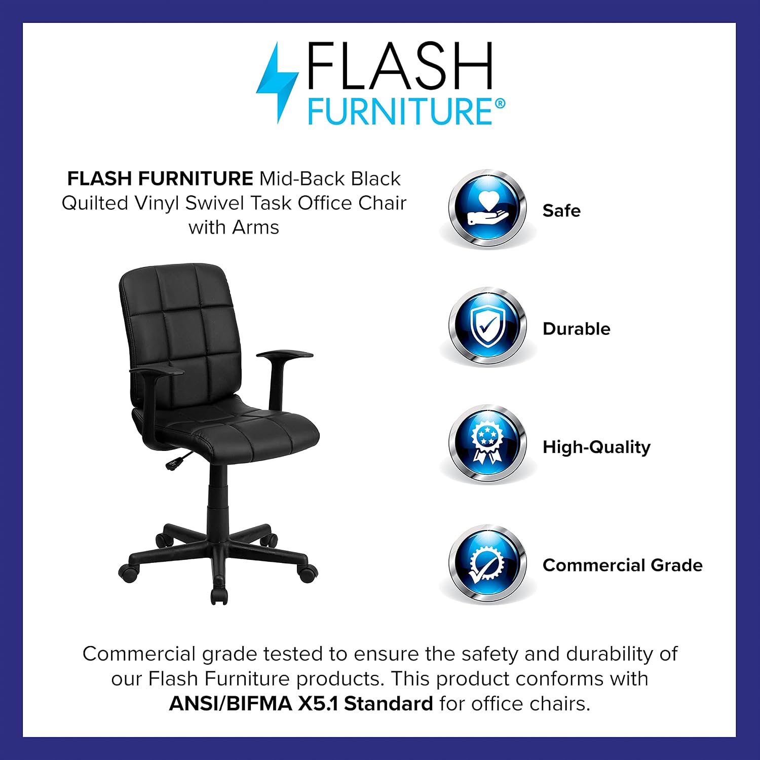 Flash Furniture Clayton Mid-Back Black Quilted Vinyl Swivel Task Office Chair with Arms