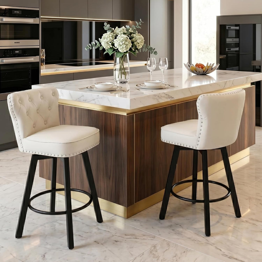 Counter Height Bar Stools Set of 2, 26' Mid-Century Swivel Bar Stool with Metal Base for Kitchen Island, Rivet Armless Faux PU Leather Barstool with High Back and Large Thick Cushion, Beige