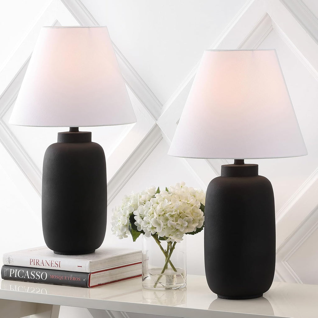JONATHAN Y 24.5' Matte Black Modern Ginger Jar Table Lamp Set of 2 for Bedroom, Farmhouse Scandinavian Lamps for Nightstand, White Linen Shade, LED Bulbs Included JYL5603A-SET2