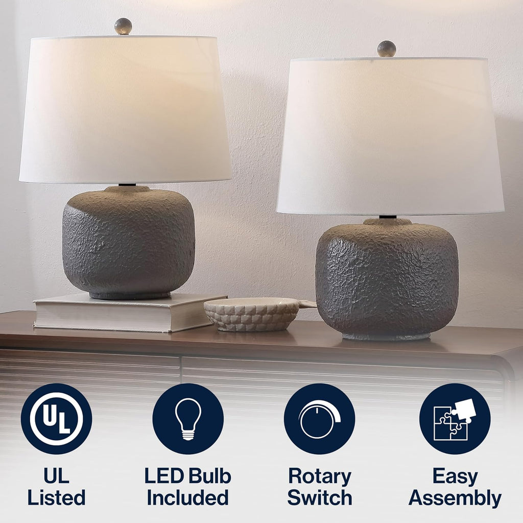 JONATHAN Y 20' Gray Textured Resin Table Lamp Set of 2 for Bedroom, Coastal Farmhouse Nightstand Lamps for Living Room, White Linen Shade, LED Bulbs Included (JYL9208B-SET2)