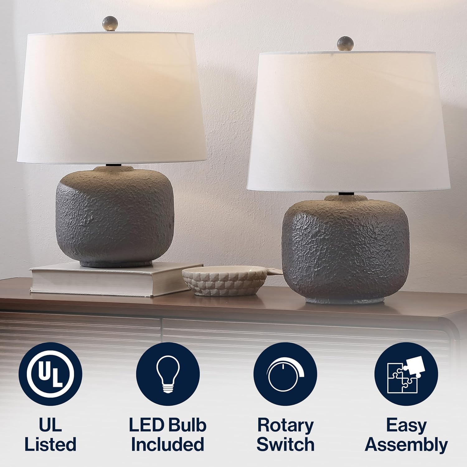 JONATHAN Y 20' Gray Textured Resin Table Lamp Set of 2 for Bedroom, Coastal Farmhouse Nightstand Lamps for Living Room, White Linen Shade, LED Bulbs Included (JYL9208B-SET2)