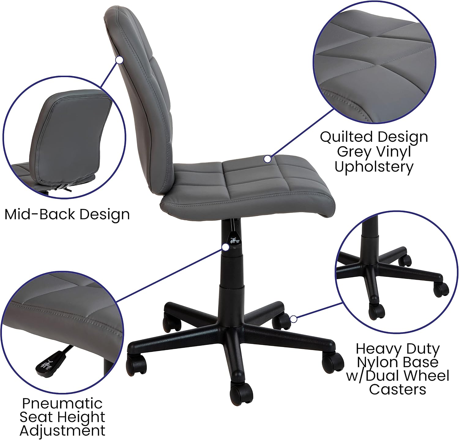 Flash Furniture Clayton Mid Back Swivel Task Chair - Gray Vinyl Upholstery - Tufted Back and 360° Swivel