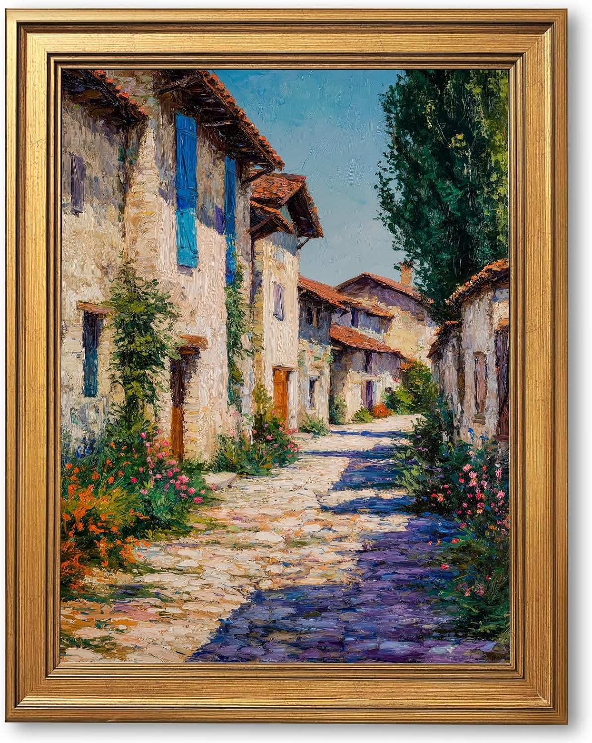 Large Gold Framed European Village Street Oil Painting Poster Vintage French Old Town Landscape Wall Art Countryside Floral Cottage Flowers Path Canvas Prints for Coastal Home Decor 24x36inch