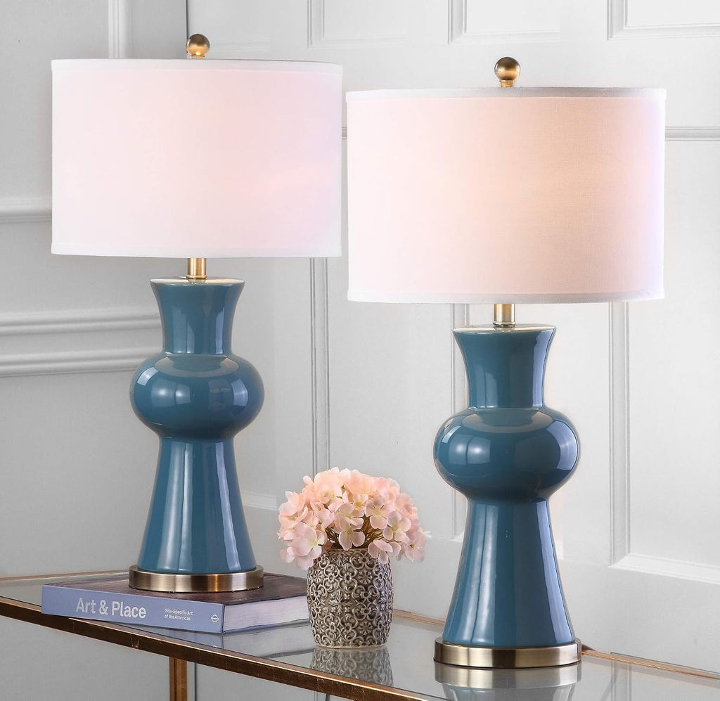 Safavieh Lighting Collection Lola Column Blue and White Table Lamp, Set of 2