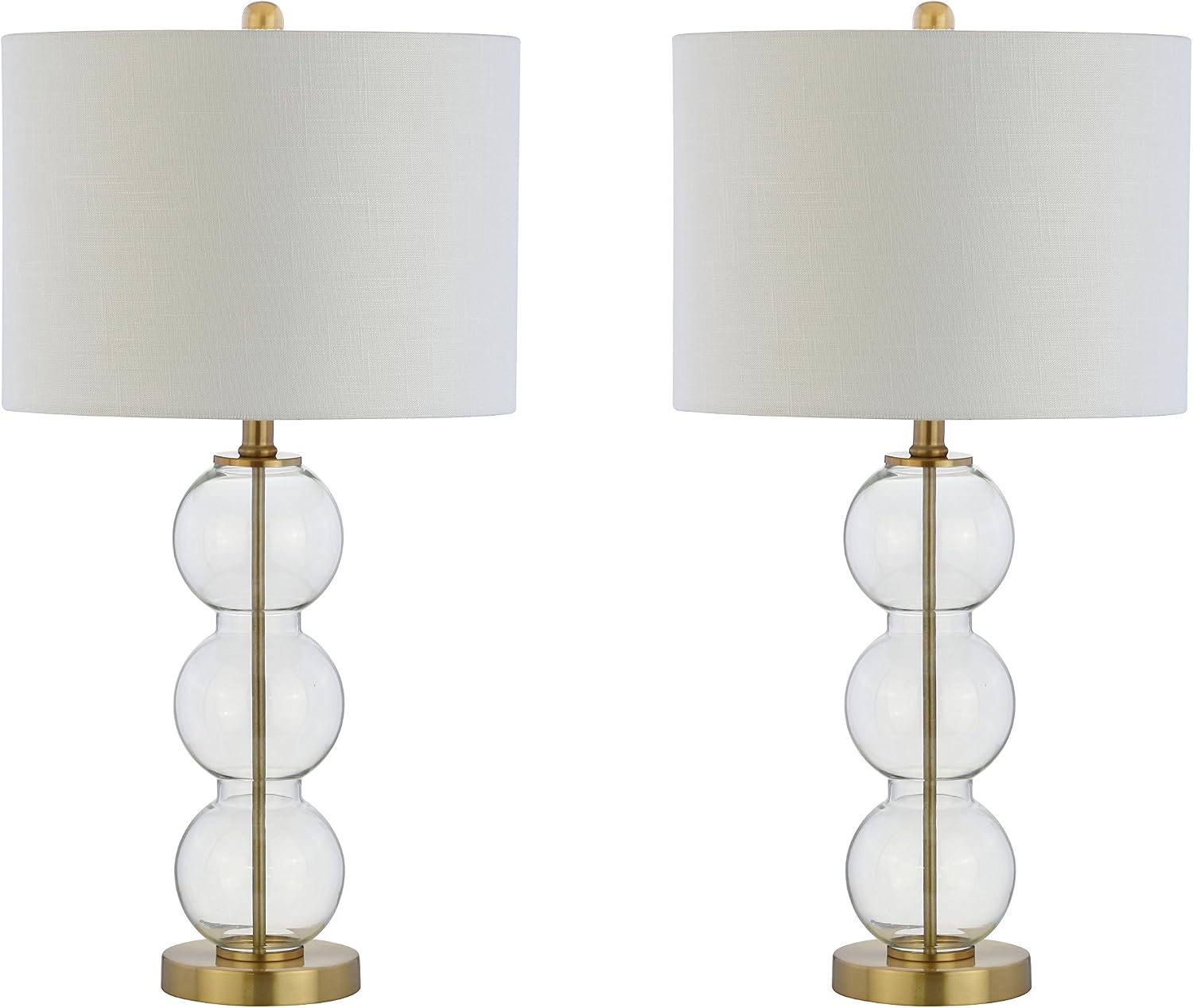 JONATHAN Y 27' Clear/Brass Triple-Sphere Glass Table Lamp Set of 2, Bedside, White Linen Shade, Modern Table Lamps for Living Room, Bedroom, Office, LED Bulbs Included JYL1070A-SET2
