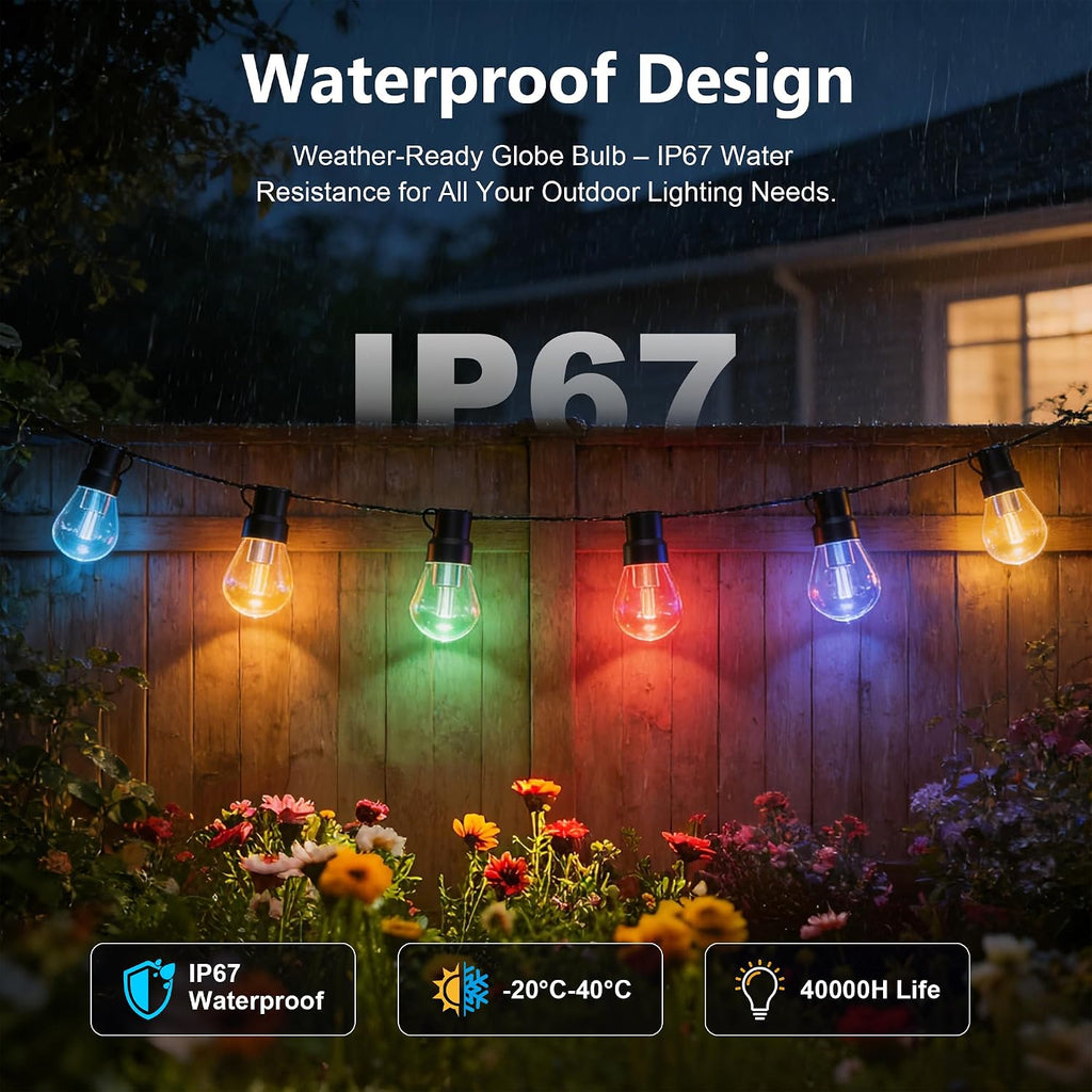 Outdoor String Lights,200FT Smart RGB+IC Patio Lights with Shatterproof LED Bulbs,Outside Light Dimmable Patio for Decor DIY IP67 Waterproof,Courtyard, Garden,Holiday,LED Lights More Scene Modes