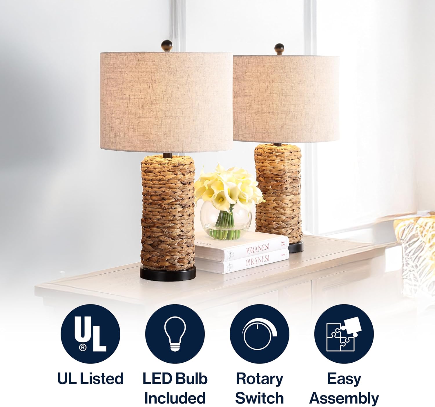 JONATHAN Y 25' Natural Coastal Water Hyacinth Table Lamp Set of 2, Bedside Lamp with Light Grey Linen Shade, Boho Farmhouse Decor for Living Room Nightstand, LED Bulbs JYL6502A-SET2