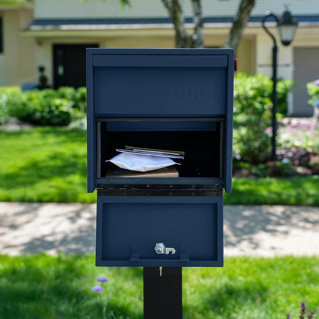 Adoorn Lockable Post Mount Mailboxes for Outside - Small Anti-Theft Locking Mailbox for Packages and Letters - Weatherproof Construction - Durable Steel - 12' H x 12' W x 18.5' D - Navy