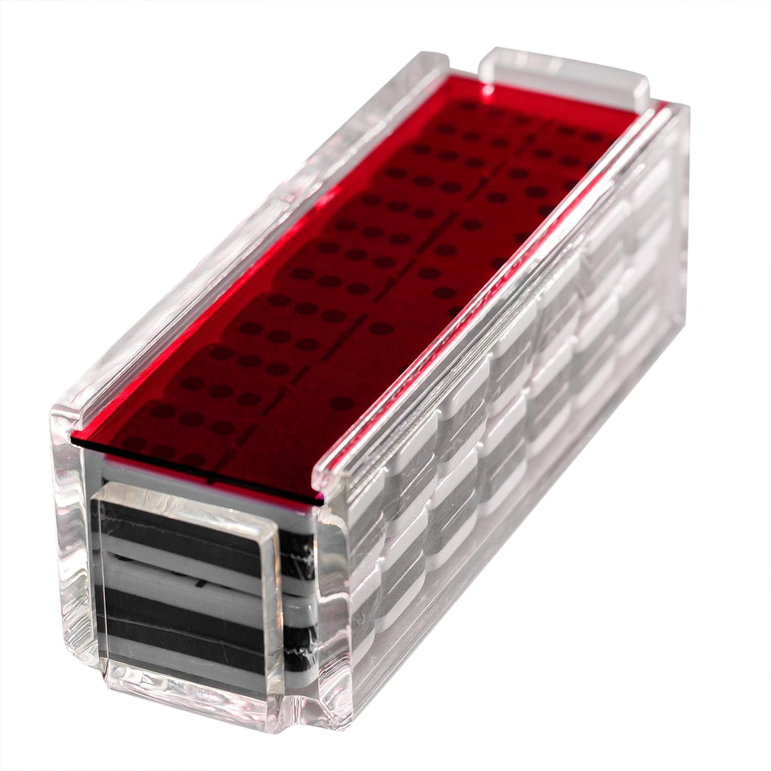 Modern Double Six Jumbo Tiles Dominoes Set, Acrylic Box with Acrylic Lid, Professional Two Toned Black and White Dominoes, Brass Center Rivet, Made in USA (Red)