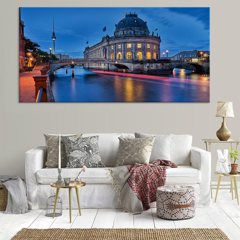 Magical Berlin Dusk Print River Reflection Cityscape Decor European Historic Waterfront Wall Art Enchanted German Capital Poster Vintage Canvas Bedroom Office Picture 20x40inch Framed