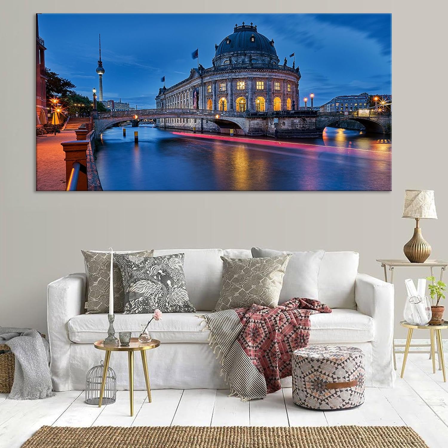 Magical Berlin Dusk Print River Reflection Cityscape Decor European Historic Waterfront Wall Art Enchanted German Capital Poster Vintage Canvas Bedroom Office Picture 20x40inch Framed