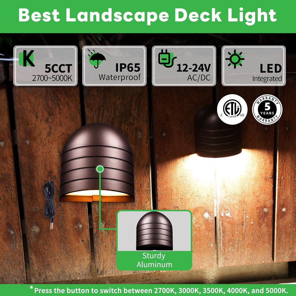 LED Deck Lights - Outdoor Landscape 12V Waterproof Lighting, Low Voltage Step Lights, Warm White & Cool White Adjustable Wired Aluminum Oil-Rubbed Bronze for Wall Stair Yard 8 Pack