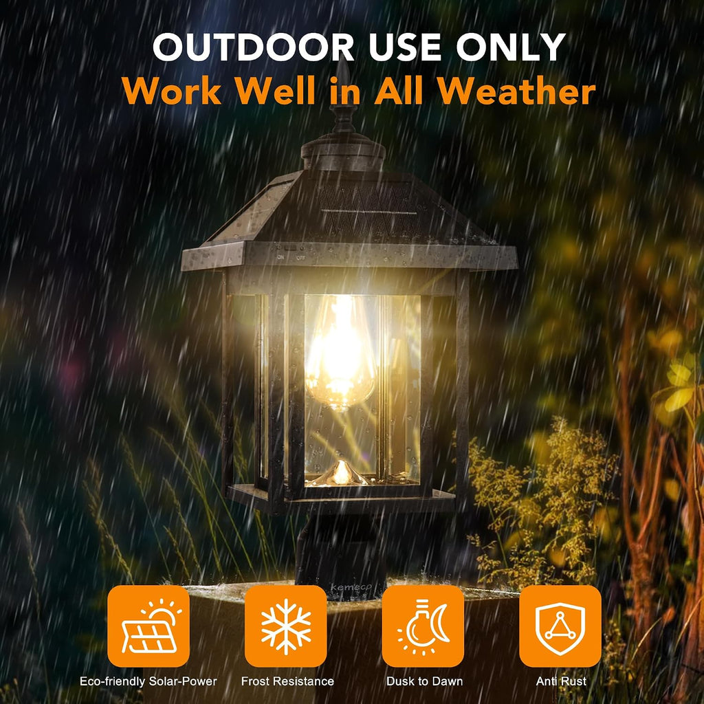 Solar Post Light with Pire Mount Base, Outdoor Dusk to Dawn Waterproof Aluminum Lamp Bright Sandy Colored LED Solar Powered for Pole Pillar Gates Yard Deck Garden Decoration