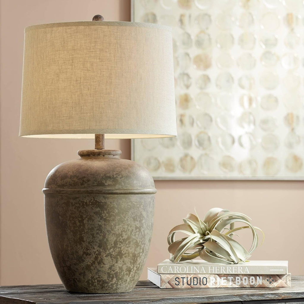 John Timberland Otero 27' Tall Jug Farmhouse Rustic Country Cottage Core Southwestern Table Lamps Set of 2 Mottled Stone Finish Living Room Bedroom Bedside Nightstand House Office Home Cream Shade