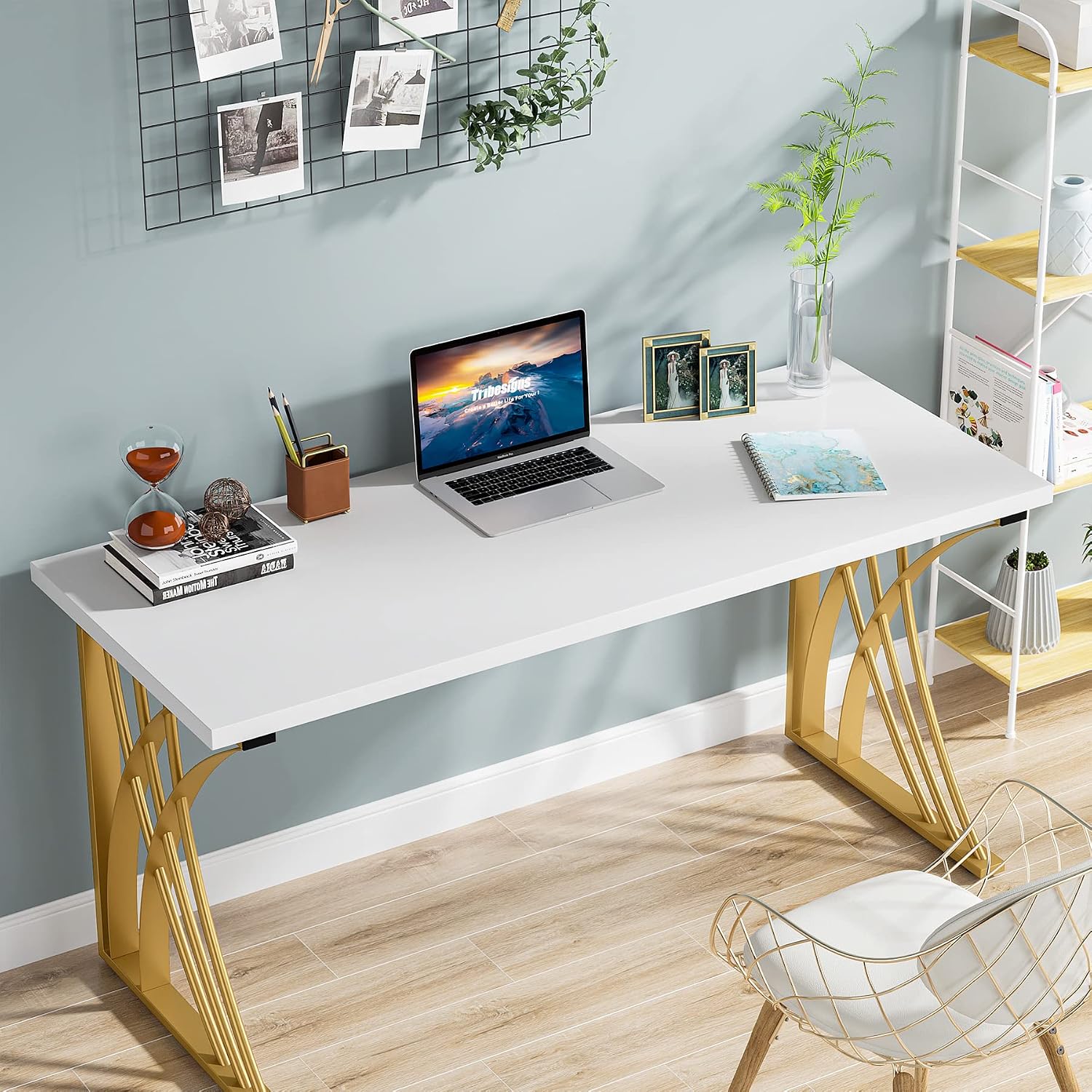 LITTLE TREE 55'' Large Modern Computer Desk, White & Gold Luxury Laptop PC Student Table, Makeup Vanity Table with Thick Frame & Strong Legs, Sturdy Writing Workstation for Home & Office