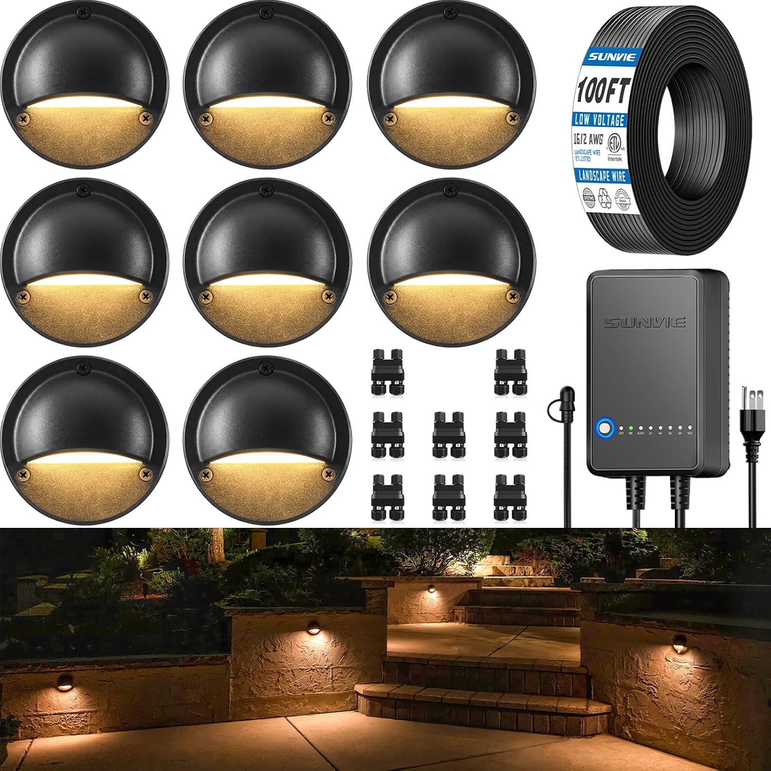 SUNVIE All-in-One Low Voltage Deck Lights Kit, 8 Pack 5W Low Voltage Landscape Lighting with 60W Transformer 100FT Wire and Connectors, 3000K 12-24V AC/DC LED Deck Step Lights for Fence Post Patio