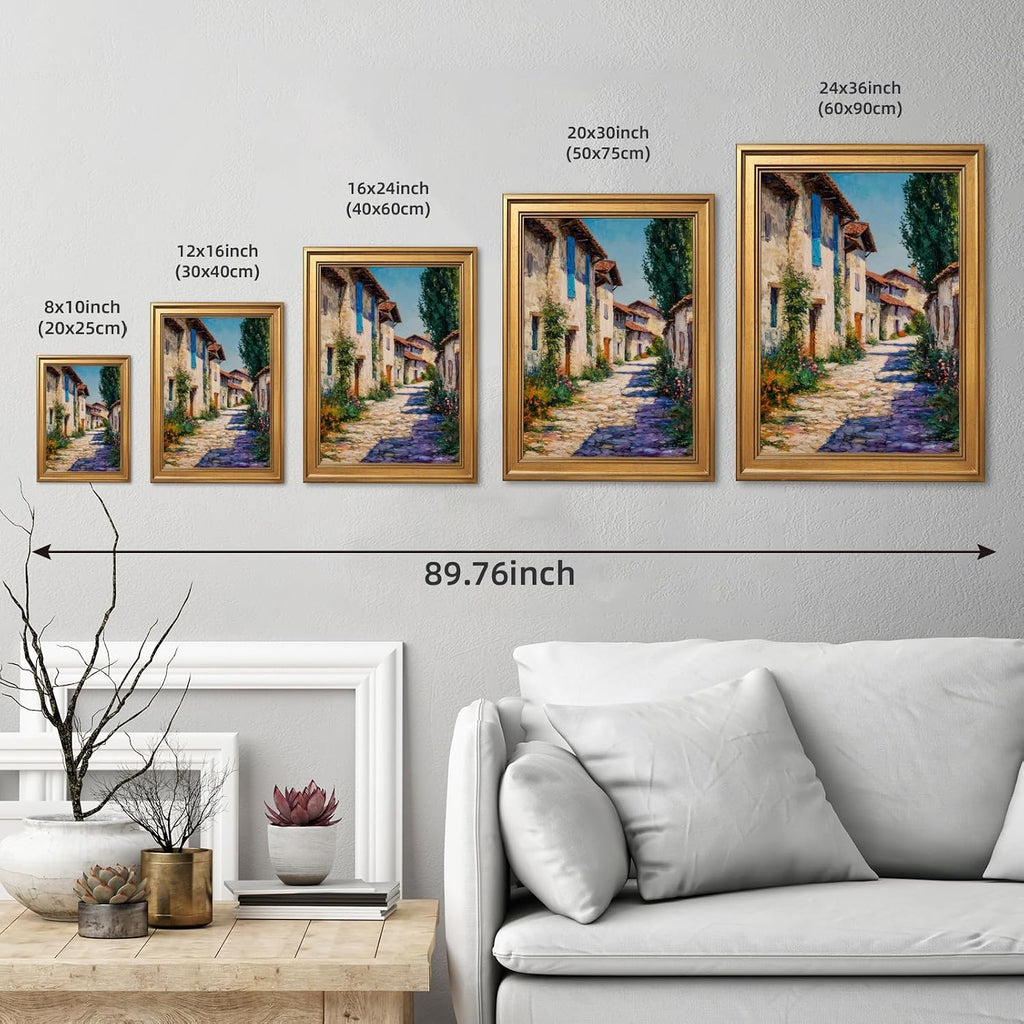 Large Gold Framed European Village Street Oil Painting Poster Vintage French Old Town Landscape Wall Art Countryside Floral Cottage Flowers Path Canvas Prints for Coastal Home Decor 24x36inch