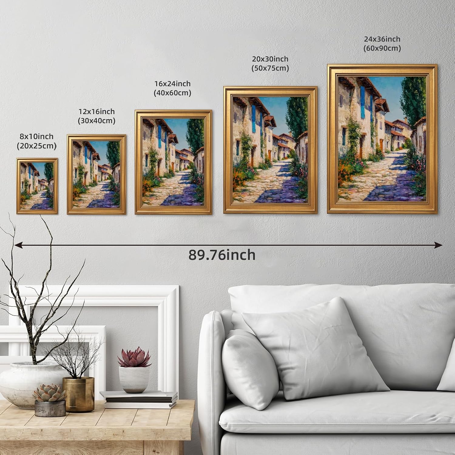 Large Gold Framed European Village Street Oil Painting Poster Vintage French Old Town Landscape Wall Art Countryside Floral Cottage Flowers Path Canvas Prints for Coastal Home Decor 24x36inch