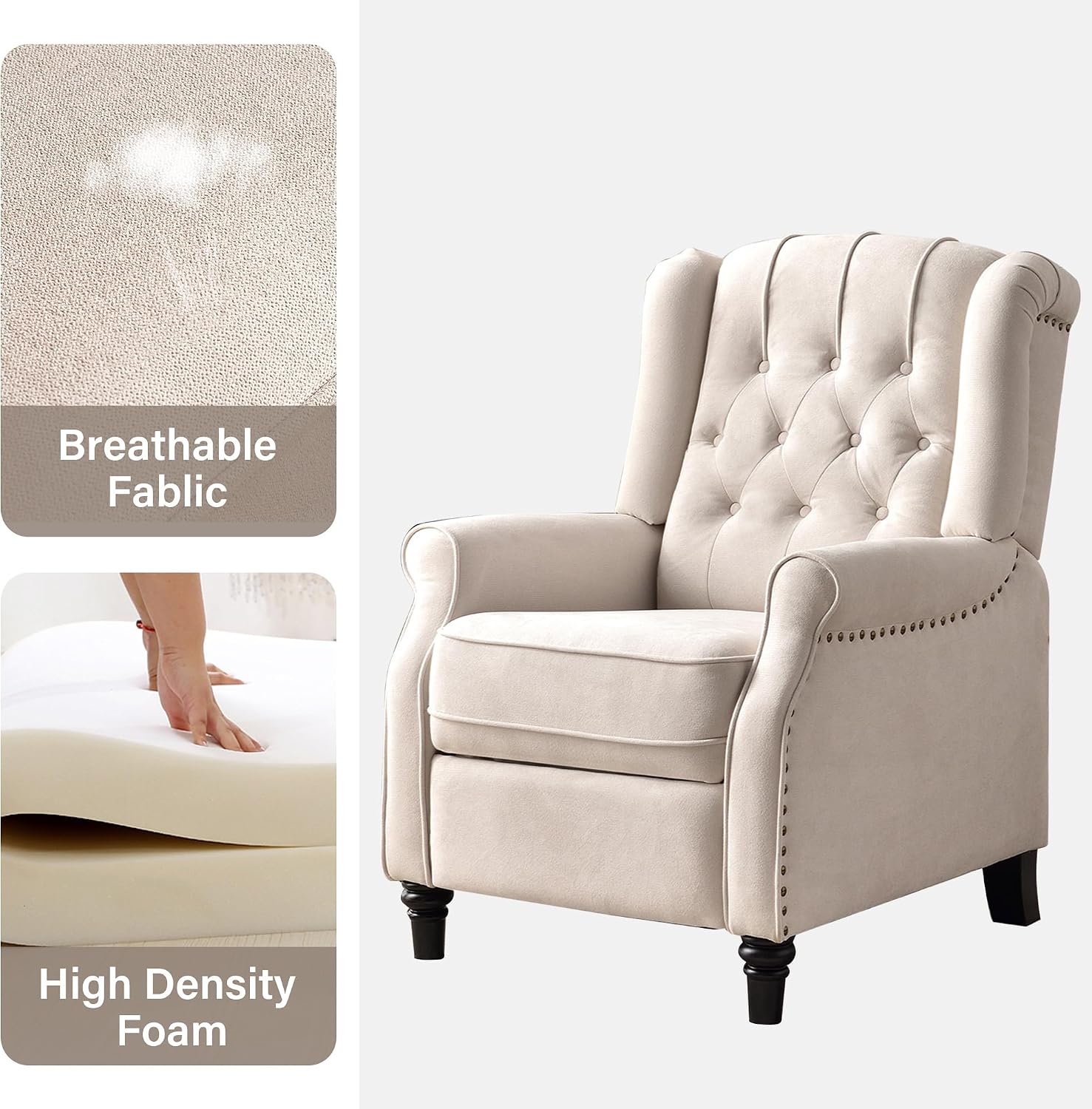 Bonzy Home Wingback Chairs Set of 2, Mid Century Modern Living Room Chairs, Fabric Push Back Recliner Chair with Rivet Decoration, Button-Tufted Back, Solid Wood Legs, Beige