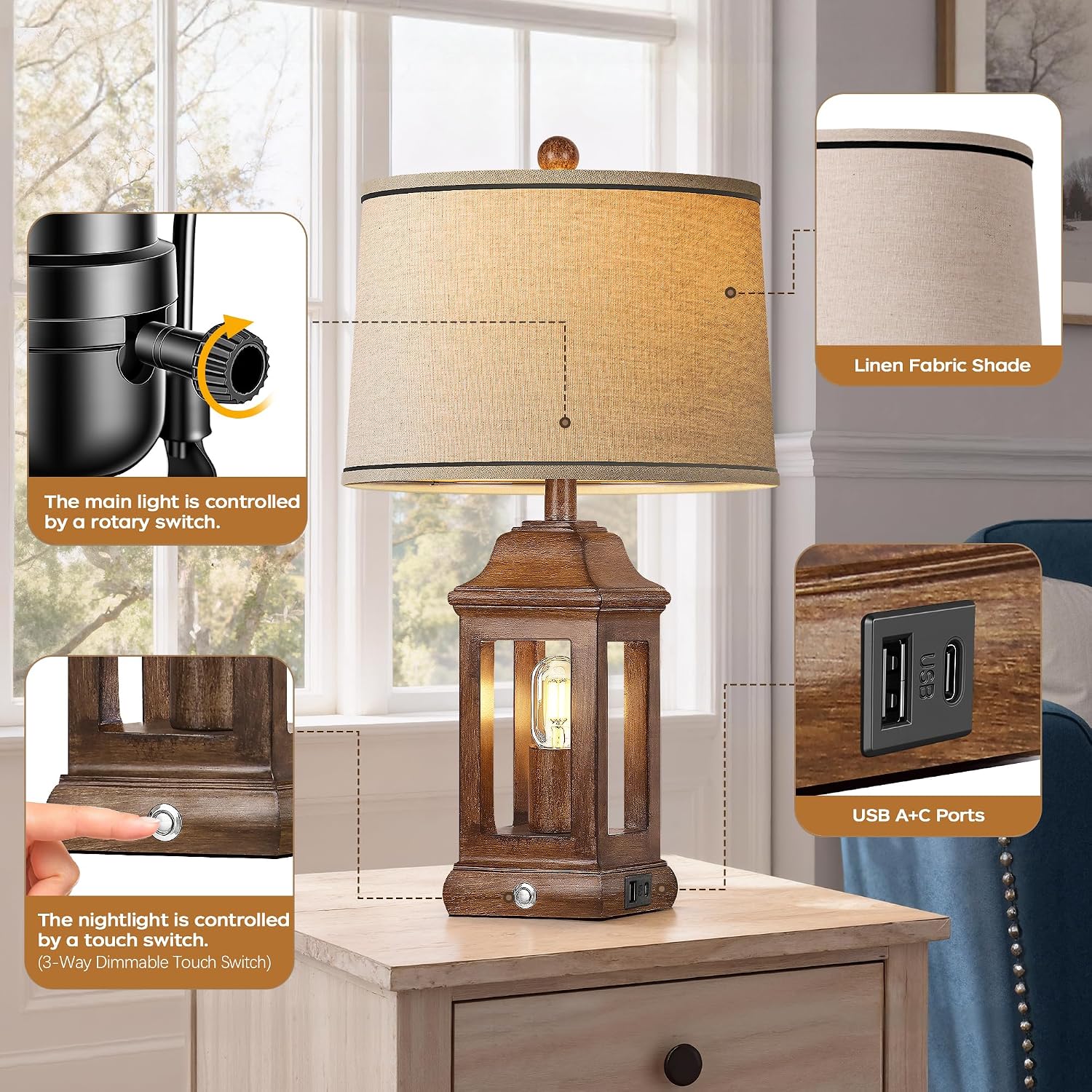 24' Rustic Farmhouse Table Lamps for Living Room Set of 2, Touch Dimmable Nightlight Vintage Bedside Lamps with USB A+C Ports & Dual Light Sources for Bedroom Nightstand End Table, Wood Grain