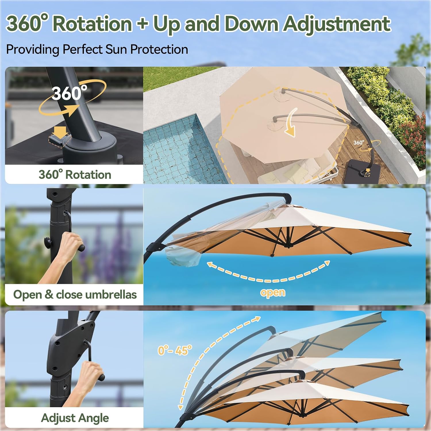 Aoxun 11 FT Cantilever Umbrella with Base Included, Patio Large Aluminum Offset Umbrella Windproof with 360°Rotation, Heavy Duty Frame for Outdoor, Pool, Deck and Garden