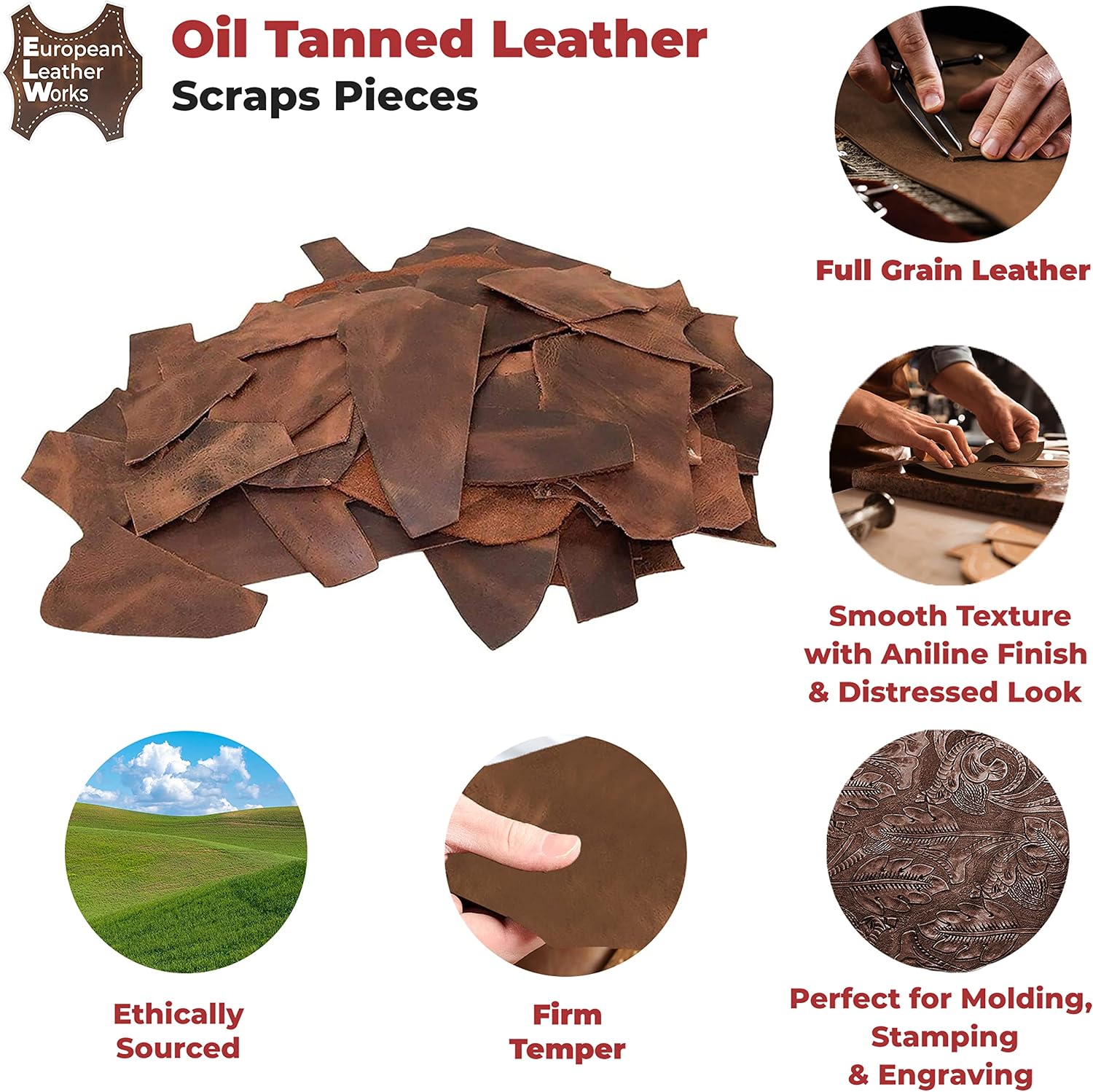 European Leather Work 9-10 oz. (3.6-4mm) Oil-Tanned Leather Scraps Size: 8 LB - Bourbon Brown Cowhide Full Grain Leather for Tooling, Accessories, Jewelry, Crafting, and DIY Projects