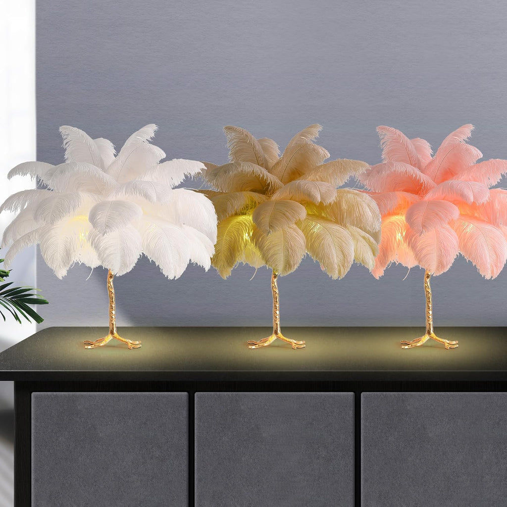 MAYOLA Modern Ostrich Feather Table Lamp with Plug in Wire,3-Light Bedside Floor Lamp for Living Room, Bedroom and Office 24' Tall Feather Desk Lamp (Ostrich Color, Table Lamp-Resin)