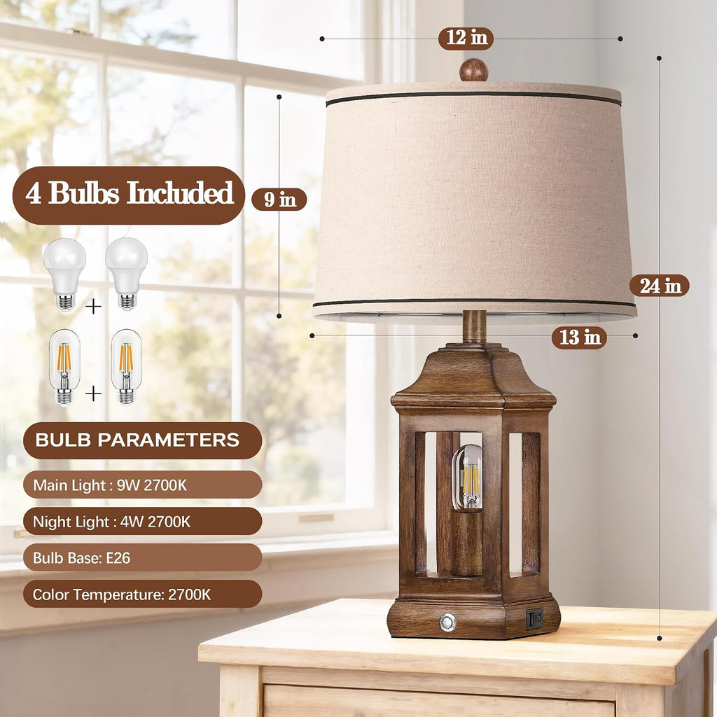 24' Rustic Farmhouse Table Lamps for Living Room Set of 2, Touch Dimmable Nightlight Vintage Bedside Lamps with USB A+C Ports & Dual Light Sources for Bedroom Nightstand End Table, Wood Grain