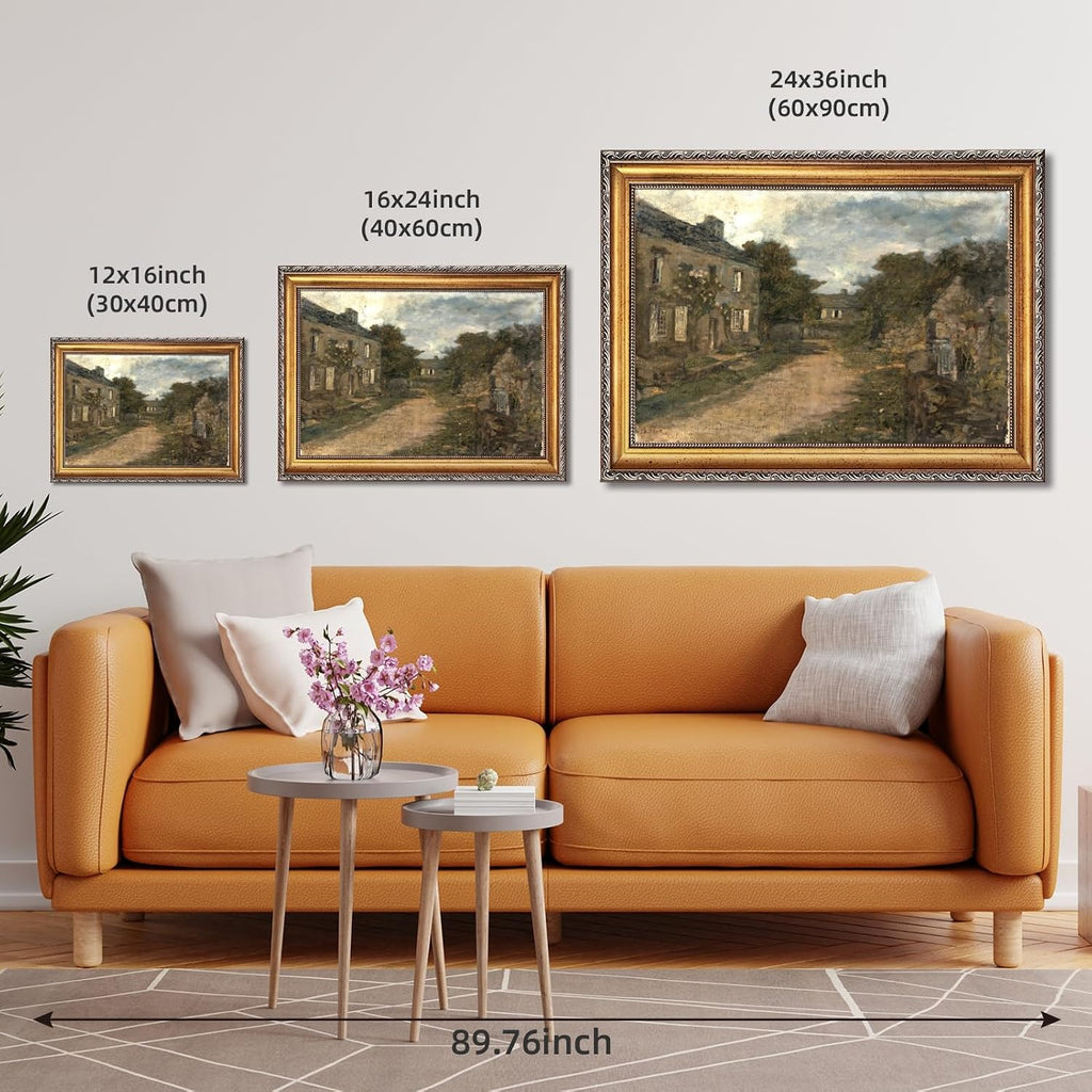 Large Framed Vintage European Village Street Canvas Wall Art Antique Old Town Oil Painting Print Rustic Architectural Landscape Poster Artwork Classic Country Picture Decor for Living Room 24x36inch