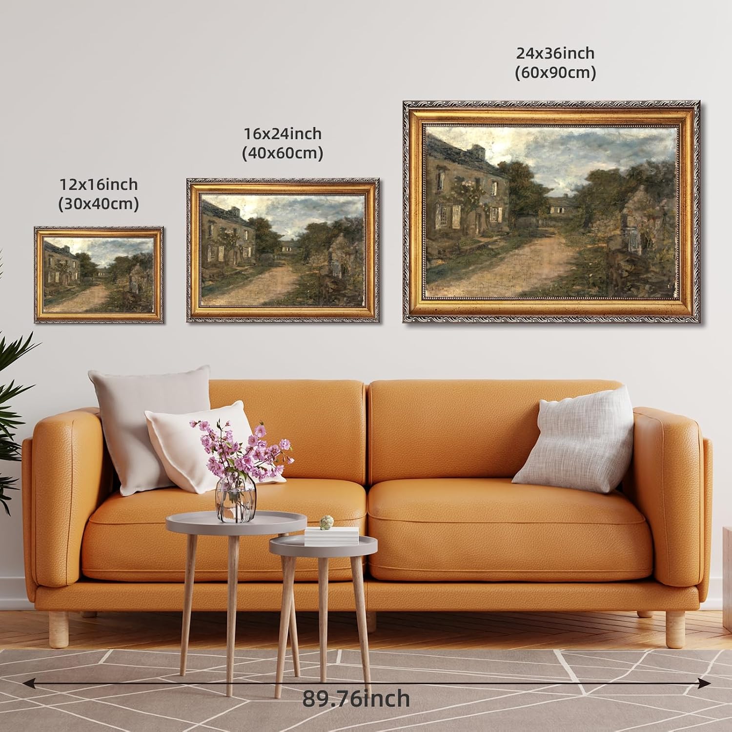 Large Framed Vintage European Village Street Canvas Wall Art Antique Old Town Oil Painting Print Rustic Architectural Landscape Poster Artwork Classic Country Picture Decor for Living Room 24x36inch