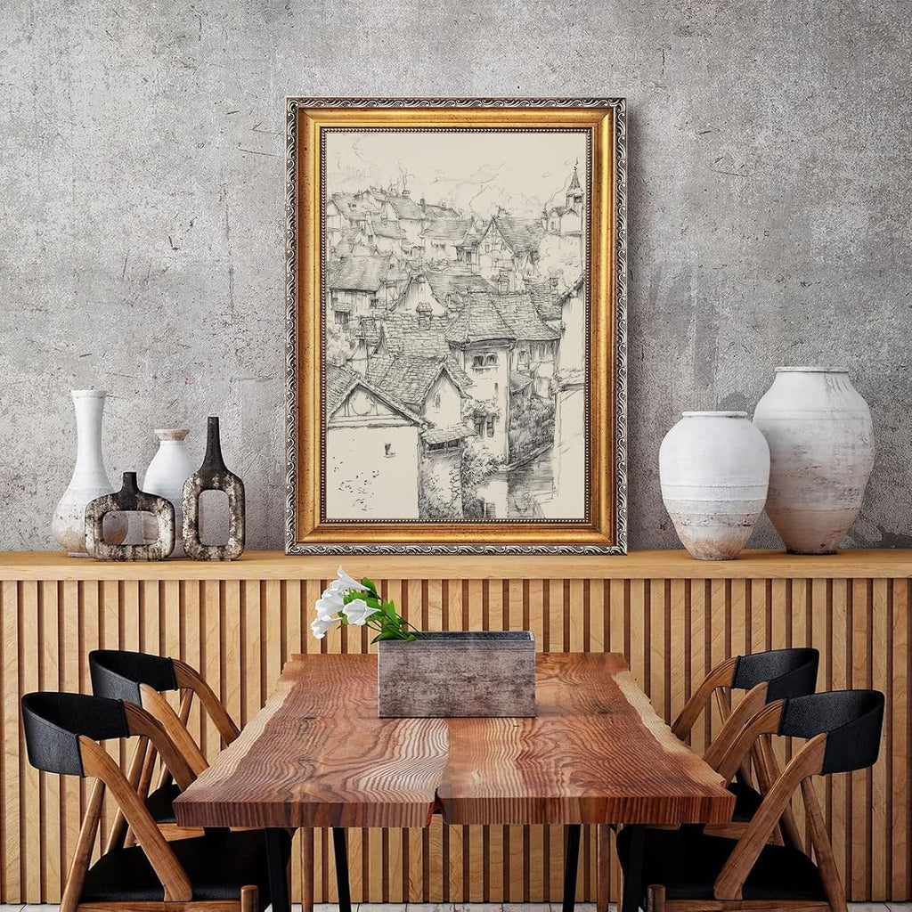 Large Gold Framed European Old Town Sketch Canvas Wall Art Vintage Medieval Village Architecture Poster French Cityscape Rustic Travel Art Painting Prints Artwork Farmhouse Home Decor 24x36inch