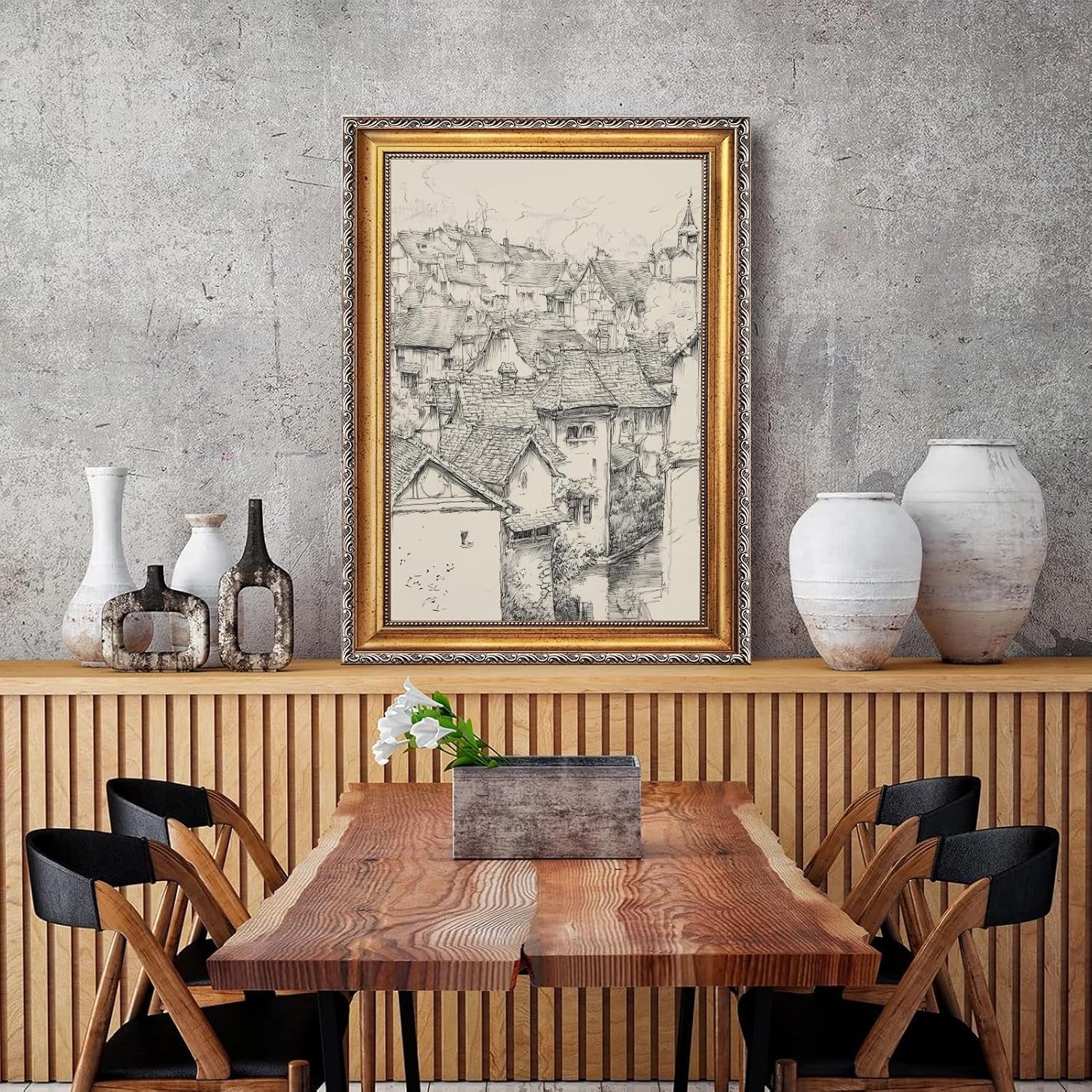 Large Gold Framed European Old Town Sketch Canvas Wall Art Vintage Medieval Village Architecture Poster French Cityscape Rustic Travel Art Painting Prints Artwork Farmhouse Home Decor 24x36inch