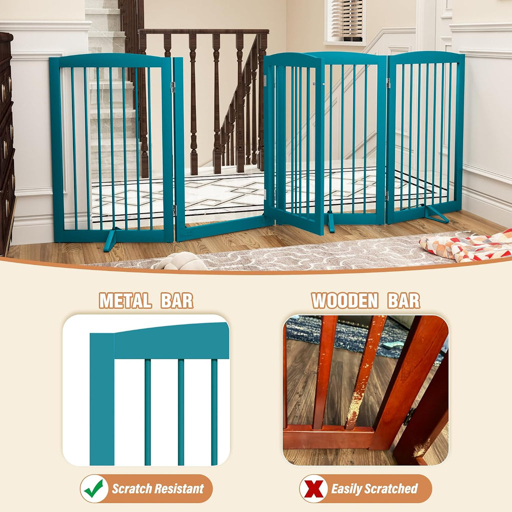 PUPETPO Freestanding Dog Gates with Door Walk Through, Pet Gate for Stairs, 80 inch Wide Gates Indoor, Dog Fences Indoor, Support Feet Included, 4 Panels, 32' Tall, Blue