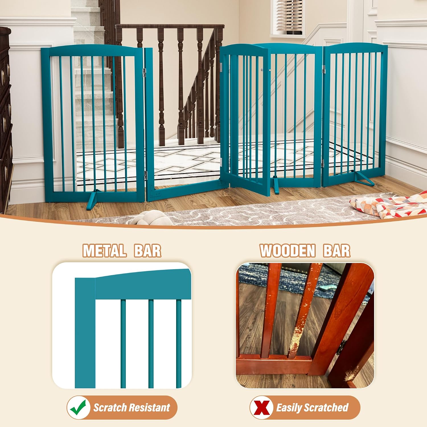 PUPETPO Freestanding Dog Gates with Door Walk Through, Pet Gate for Stairs, 80 inch Wide Gates Indoor, Dog Fences Indoor, Support Feet Included, 4 Panels, 32' Tall, Blue