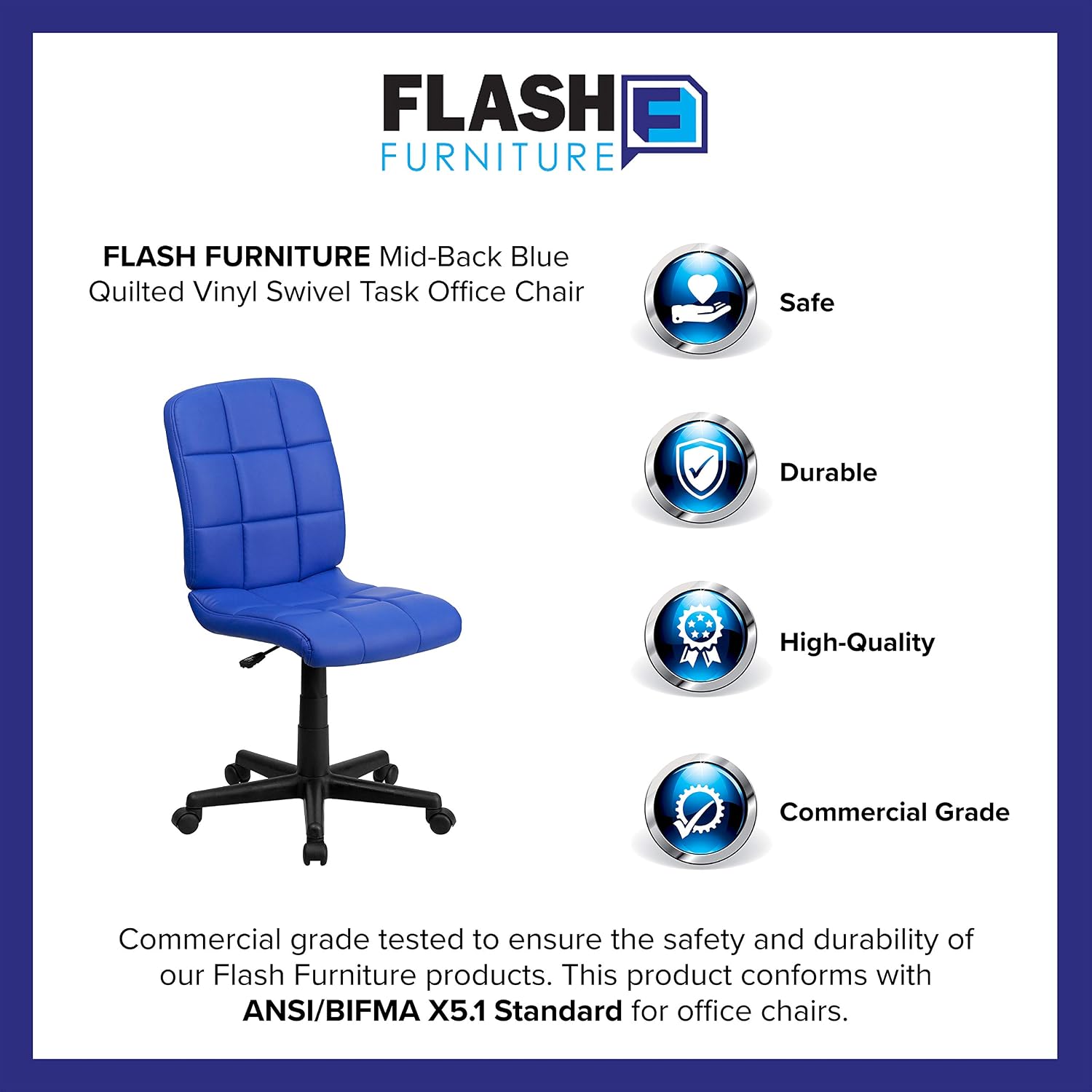 Flash Furniture Clayton Mid-Back Blue Quilted Vinyl Swivel Task Office Chair
