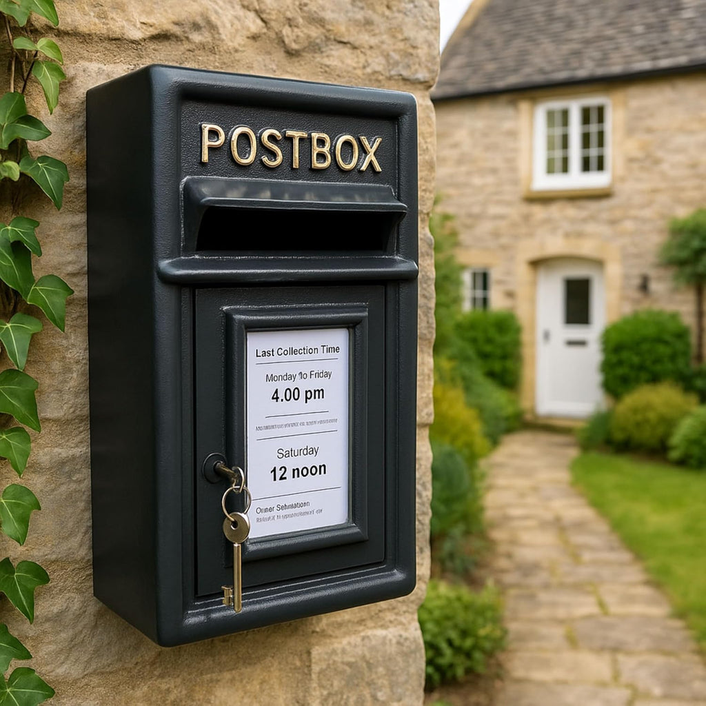 ACL Wall-Mounted Lockable Post Box - Durable Black Mailbox with Cast Iron Construction Secure Mail Storage (17D x 44H)