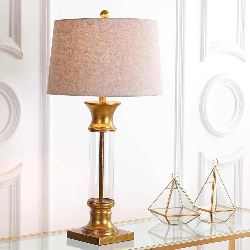 JONATHAN Y 32' Gold/Clear Glass Table Lamp Set of 2 for Living Room, Rustic Farmhouse Bedside Nightstand Lamps with Gray Linen Drum Shade, LED Bulbs Included (JYL4000B-SET2)