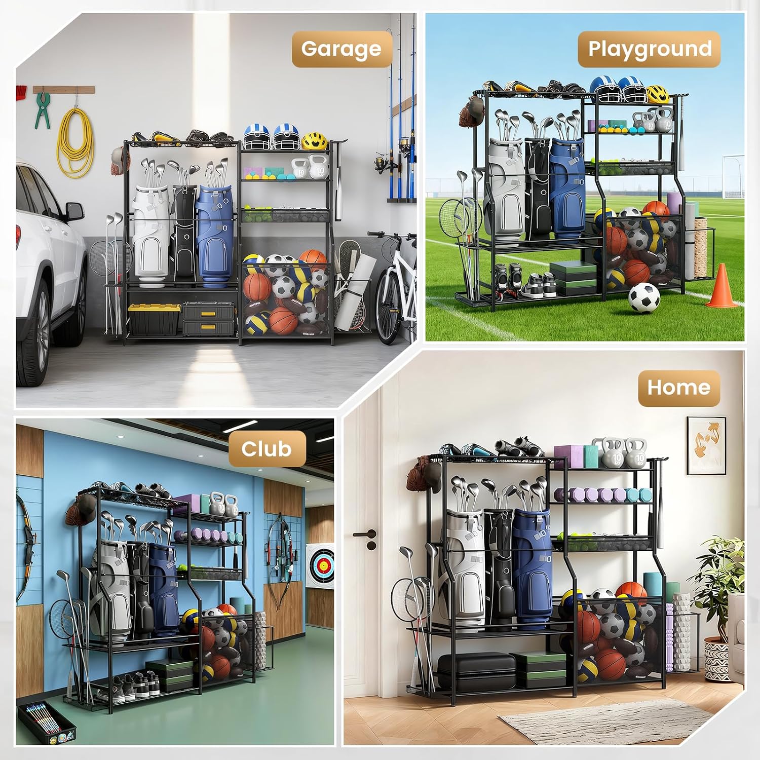 Garage Sports Equipment Organizer, 3 Golf Bag Organizer Stand Heavy-Duty Ball Storage Rack with Basket and Hooks, Ball Storage Cart for Toy Sports Gear Storage, Black