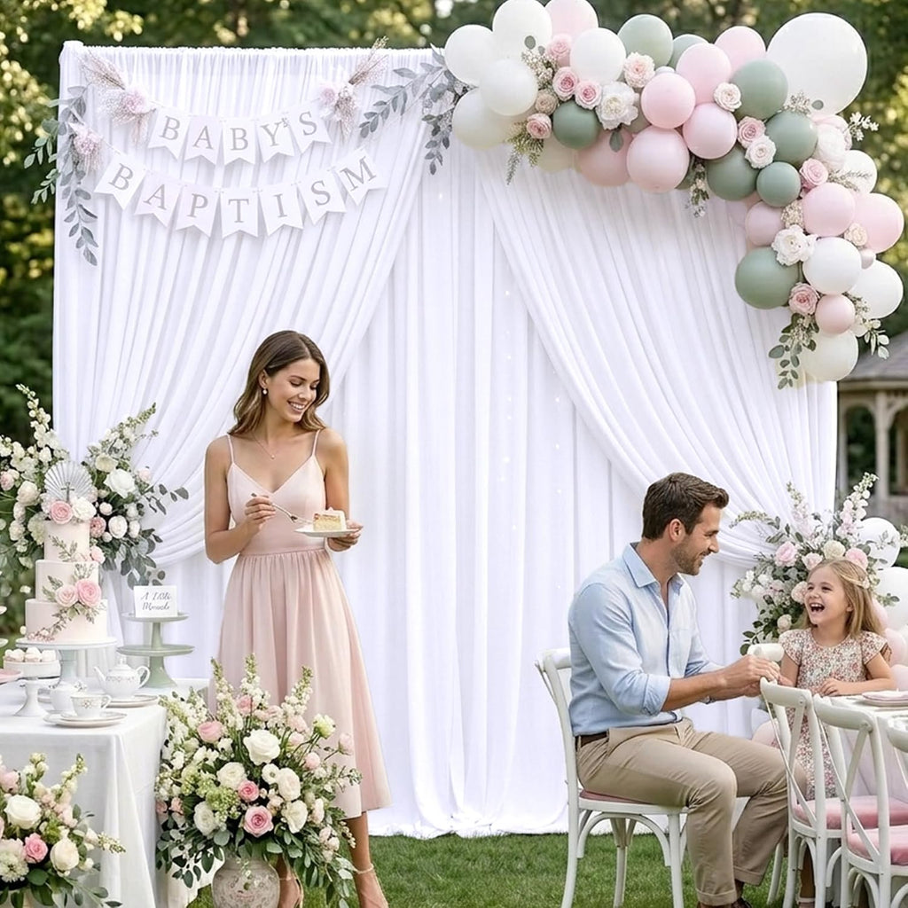 50ft×10ft Wrinkle Free White Backdrop Curtain for Parties, 10 Panels 5×10ft Polyester Photo Backdrop Drapes Wedding Back Drop Cloth for Birthday Baby Shower Photography Background Curtains