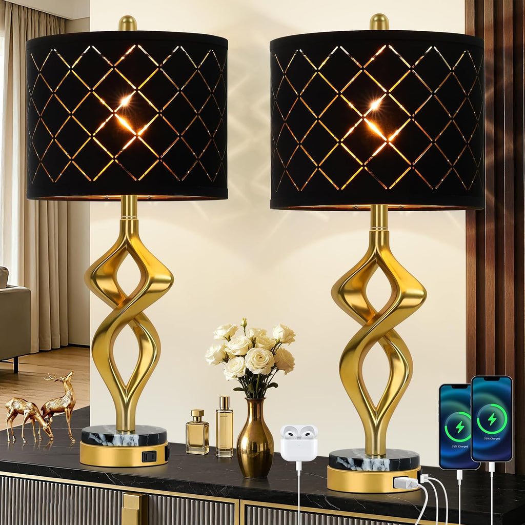 28.5' Modern Sculptural Living Room Table Lamps Set of 2 with USB Ports and Outlet, Gold Bedside Table Lamps with Black Marble Base, Nightstand Lamps for Bedroom with Luxurious Black Grid Lampshade